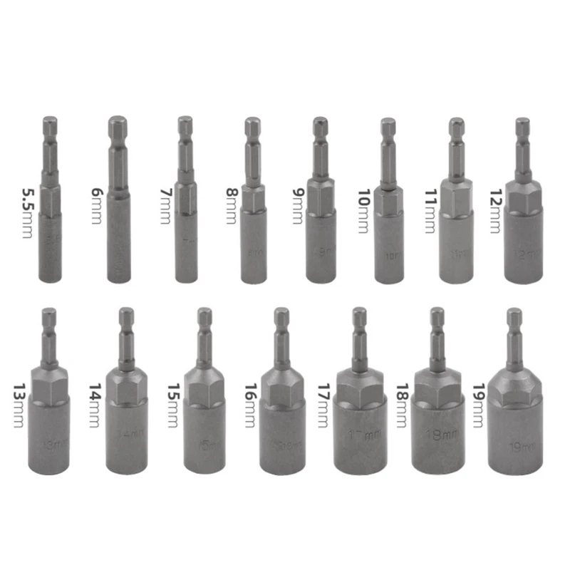 15Pcs 80Mm Length Deepen Power Nut Driver Drill Bit Set Gray-Black Impact Socket Adapter For Power Tools 6.35MM Hex