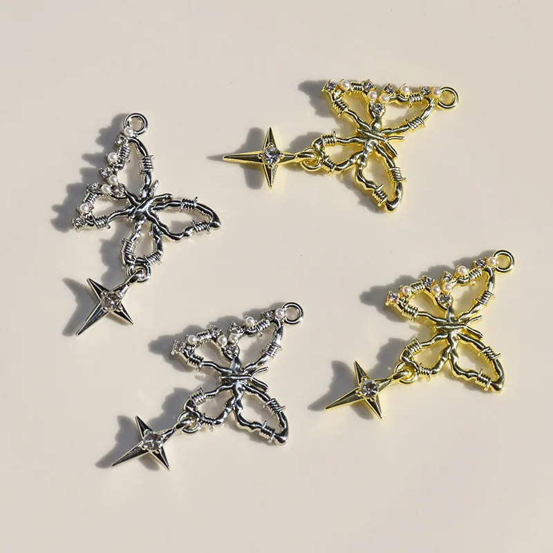 5Pcs Fashion Thorn Crystal Pearl Hollow Butterfly Charms pendente in lega per collana orecchini bracciale gioielli fai da te