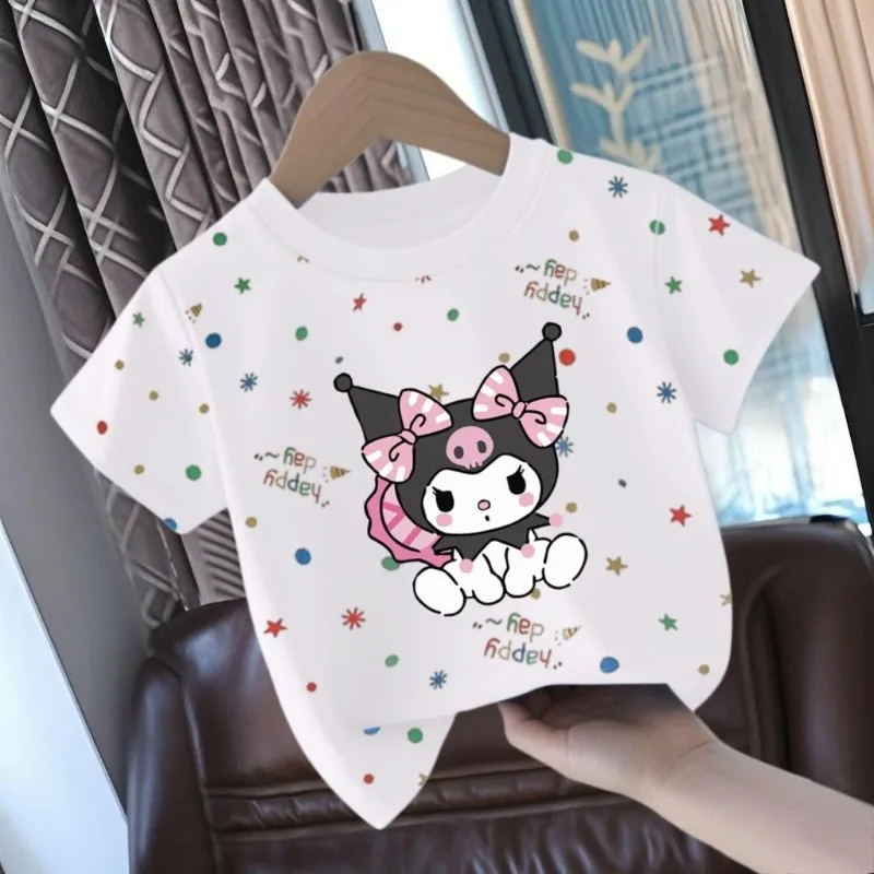 New Sanrio Anime Kawaii My Melody Kuromi 코튼 반소매 셔츠 귀여운 베이비 Cinnamoroll 프린트 까마귀 탑 선물 어린이를위한