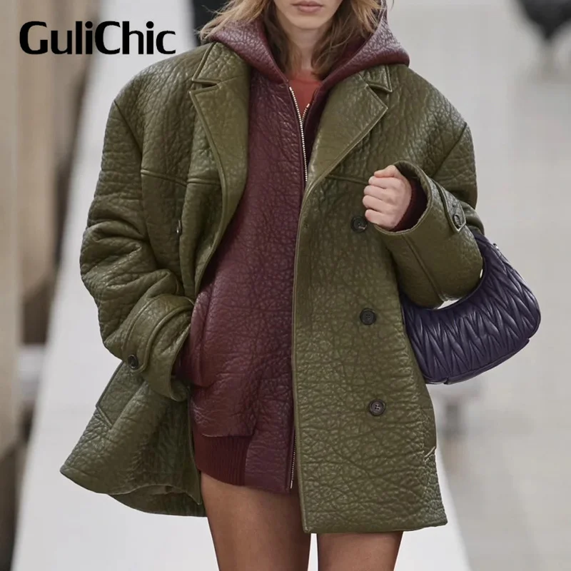 7.23 GuliChic High Quality 100% Sheepskin Double Breasted Blazer Coats for Women 2024 New Vintage Jacket Outwear