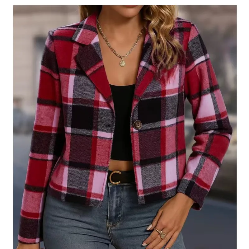 女性のコートジャケット新しい秋冬通勤チェック柄ショートスーツ長袖小さなスーツジャケットコートファッション女性ストリート