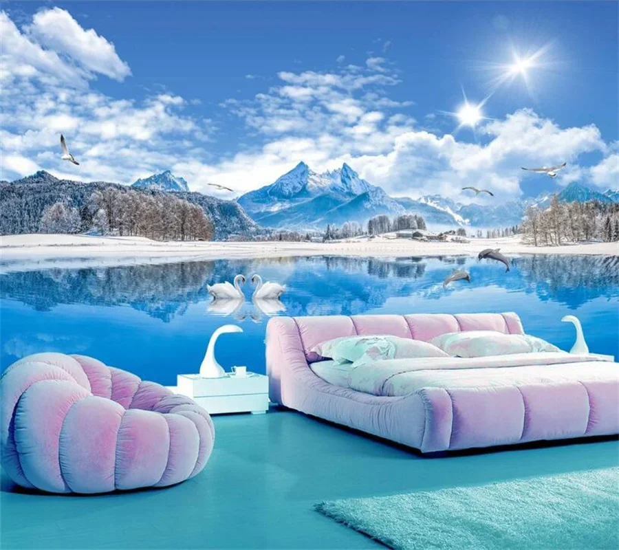 Custom large murals HD lake view swan lake beautiful landscape painting snow mountain living room background wallpaper