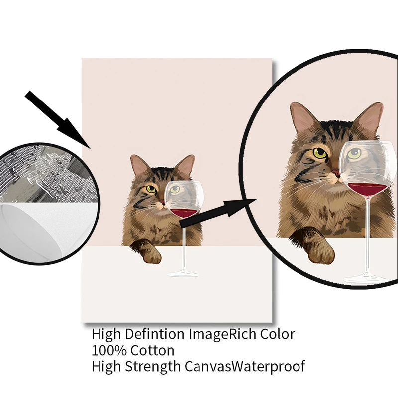 لوحة قماشية مضحكة للقطط بالأبيض والأسود ، ملصق ومطبوعات للنبيذ الأحمر ، فن جداري لمحبي القطط ، صور لغرفة المعيشة ، المطبخ ، ديكور المنزل #6