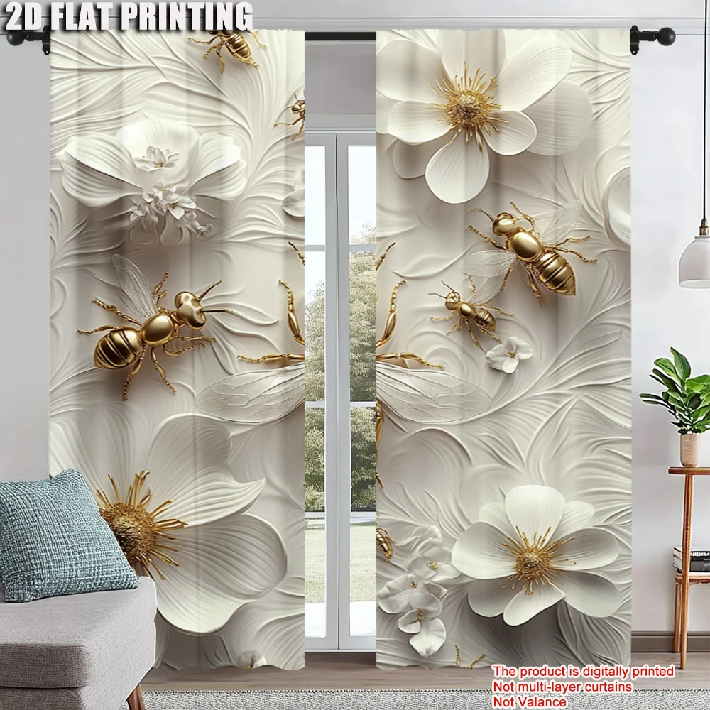 

2Pcs Digital Printed Window Curtains With Bee And Flower Suitable For Living Room Cloakroom Kitchen Bedroom Study Dining Room