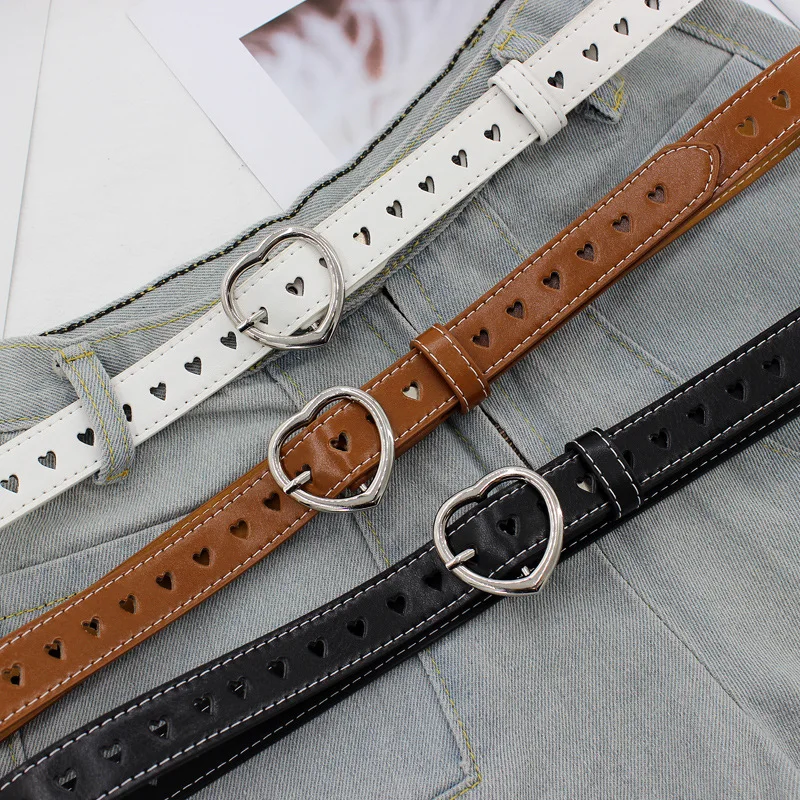 

Women's Pu Belt Love Heart Day Word Buckle Decor Heart-shaped Multi-hole Belt Casual Free Add Hole Fine Trouser Belt Wholesale