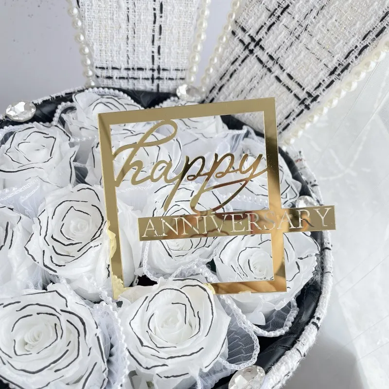 زينة كعكة عيد ميلاد سعيد ليزر ، أحرف فنية ذهبية أكريليك ، علبة كيك للذكرى السنوية ، لوازم حفلة عيد ميلاد