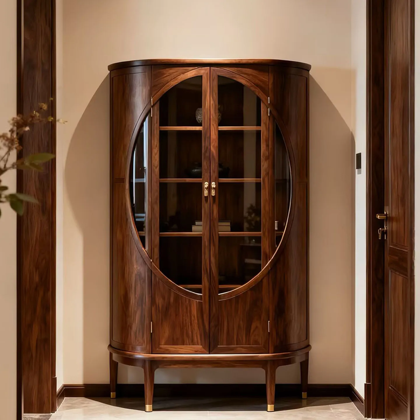 New Chinese-style North American black walnut bookcase Song-style aesthetic semi-circular arc display case Villa living