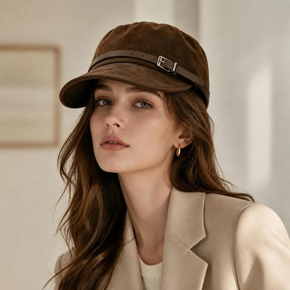 Elegant Soft Faux Suede Newsboy Cap Leather Belt Buckle Adjustable Beret Hat Octagonal Hat Autumn Winter