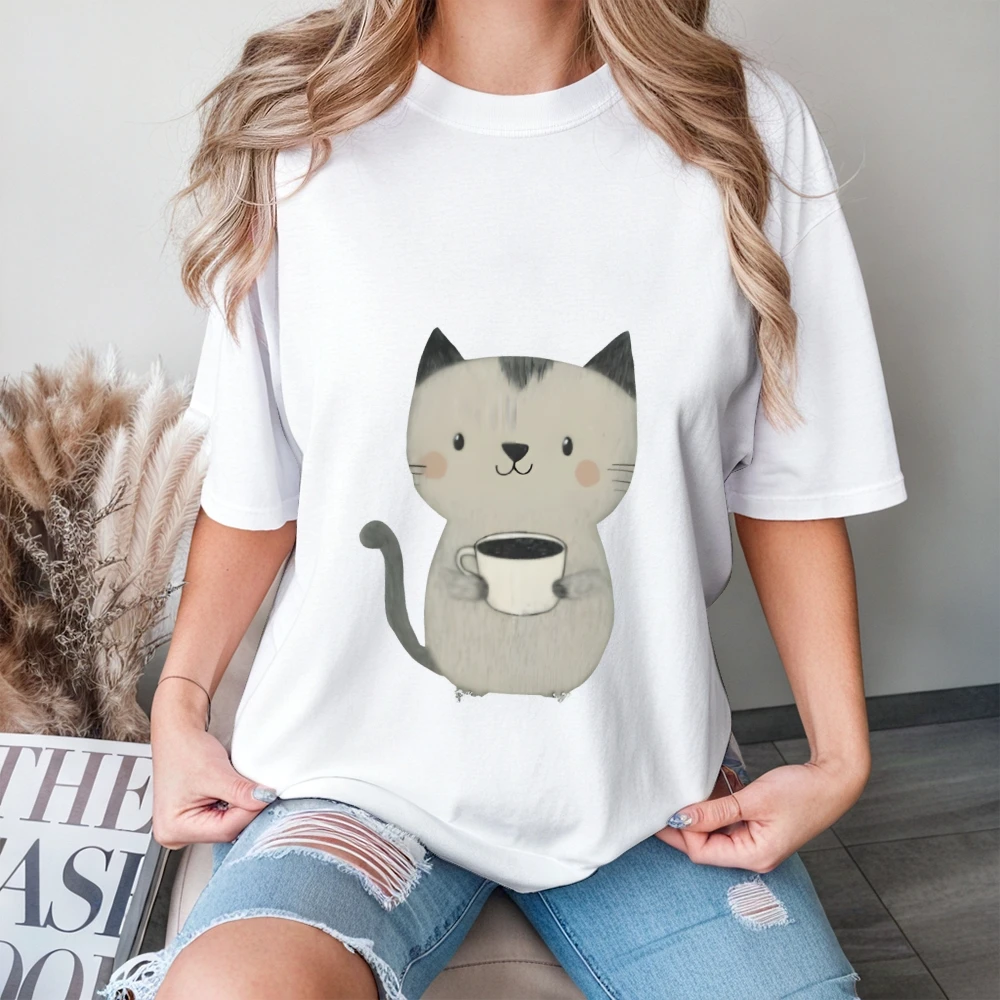 Camiseta gráfica Coffee Kitty para mujeres y hombres, estilo Retro Y2K a la moda, Color cómodo, Top de verano de gran tamaño, transpirable