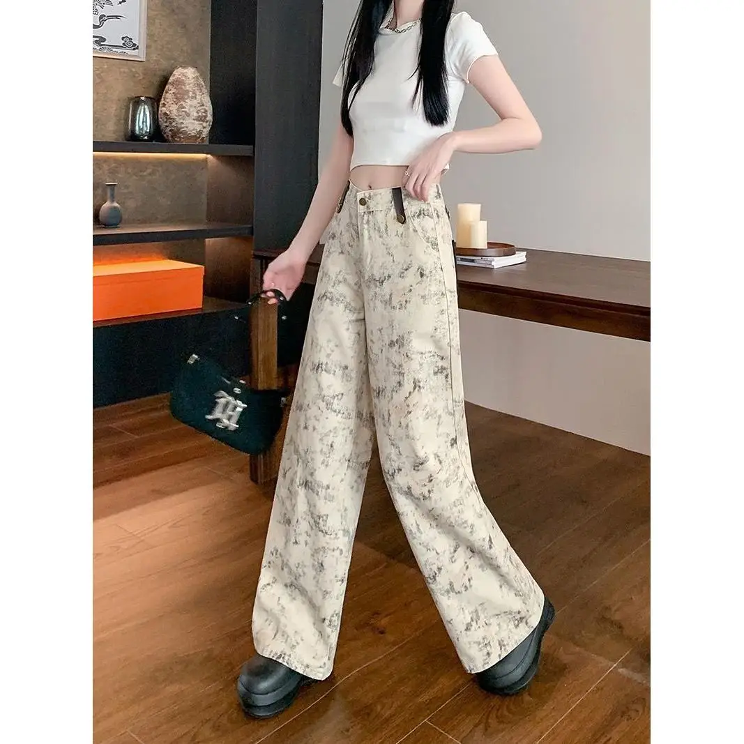 

American Retro Tie Dye Wide Leg Denim Jeans Women's High Waist Loose Fit Slimming Floor Length Pants Autumn Casual