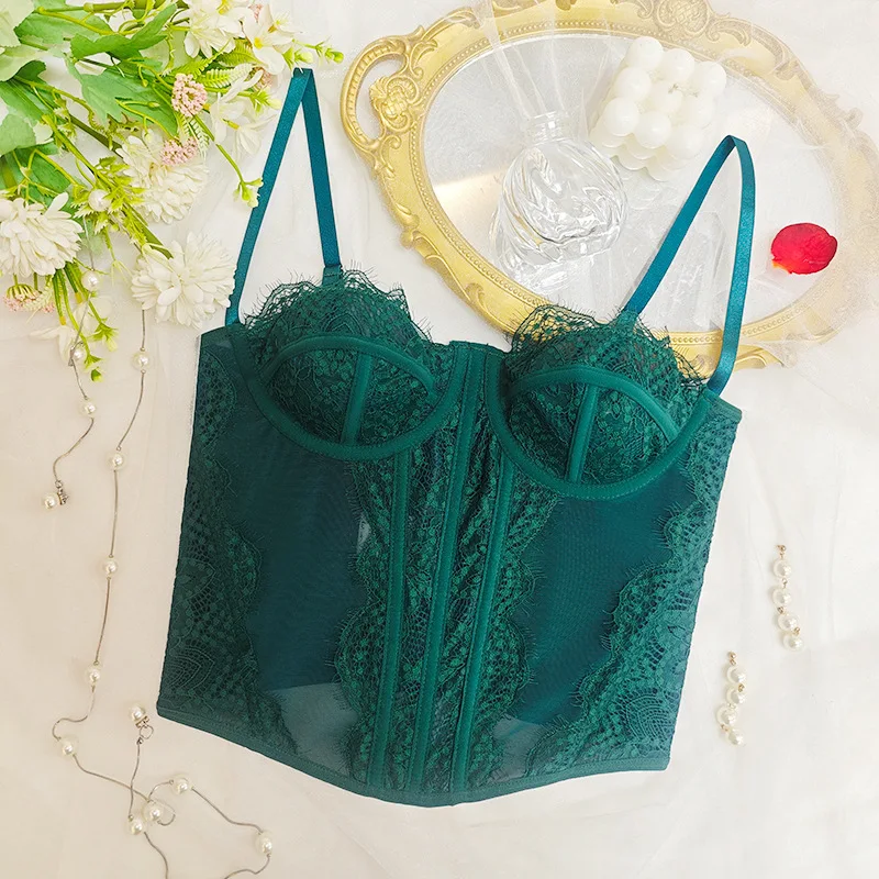 Warna Hijau Spice Girls Renda Tepi Rompi Tulang Ikan Gaya Korset Dalam dan Luar Atasan Wanita Seksi Pakaian Y2k