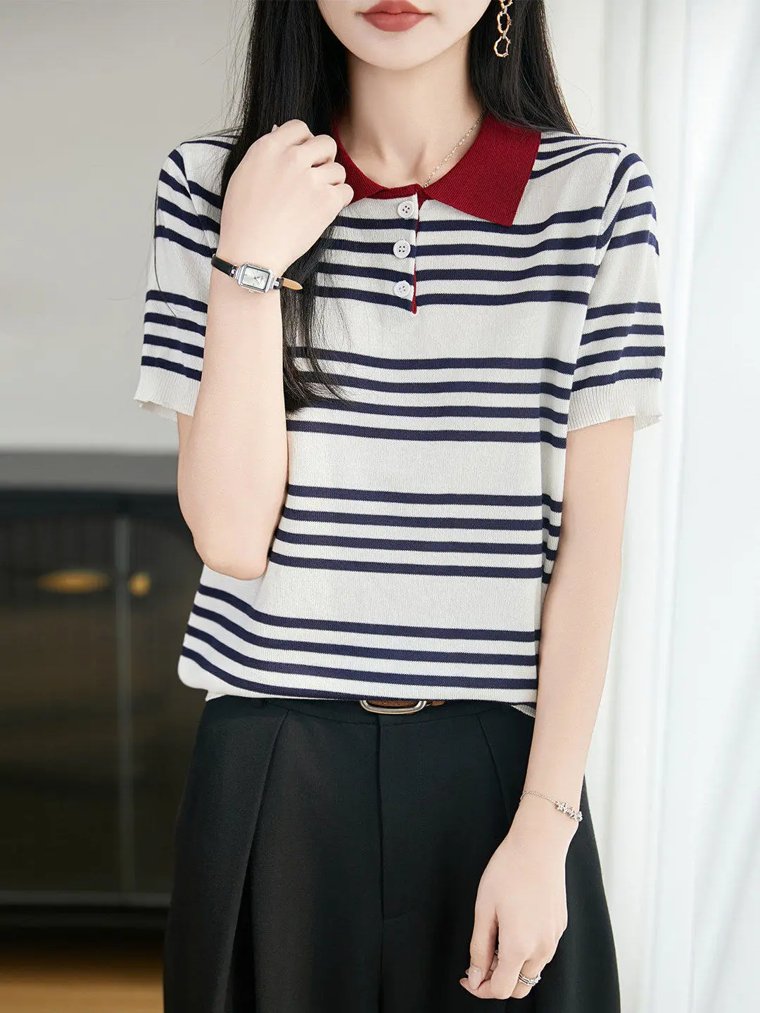 

Color Block Neck Striped Knitted Short Sleeve Women's T-Shirt Lycra Half Sleeve Summer New Soft Casual Style Breathable