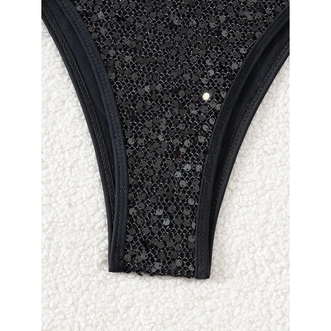 Funkelnder Bikini mit Pailletten, Neckholder und hohem Beinausschnitt, Damen-Badeanzug, zweiteiliges Bikini-Set, Badebekleidung, Badeanzug, Modell V6678. – Detail 30