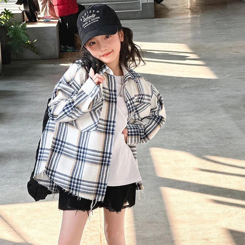 

Korean Children Girls Top Autumn Plaid Turn Down Collar Teenager Girls T-shirt Single-breasted Long Sleeves Kids Girls Shirt