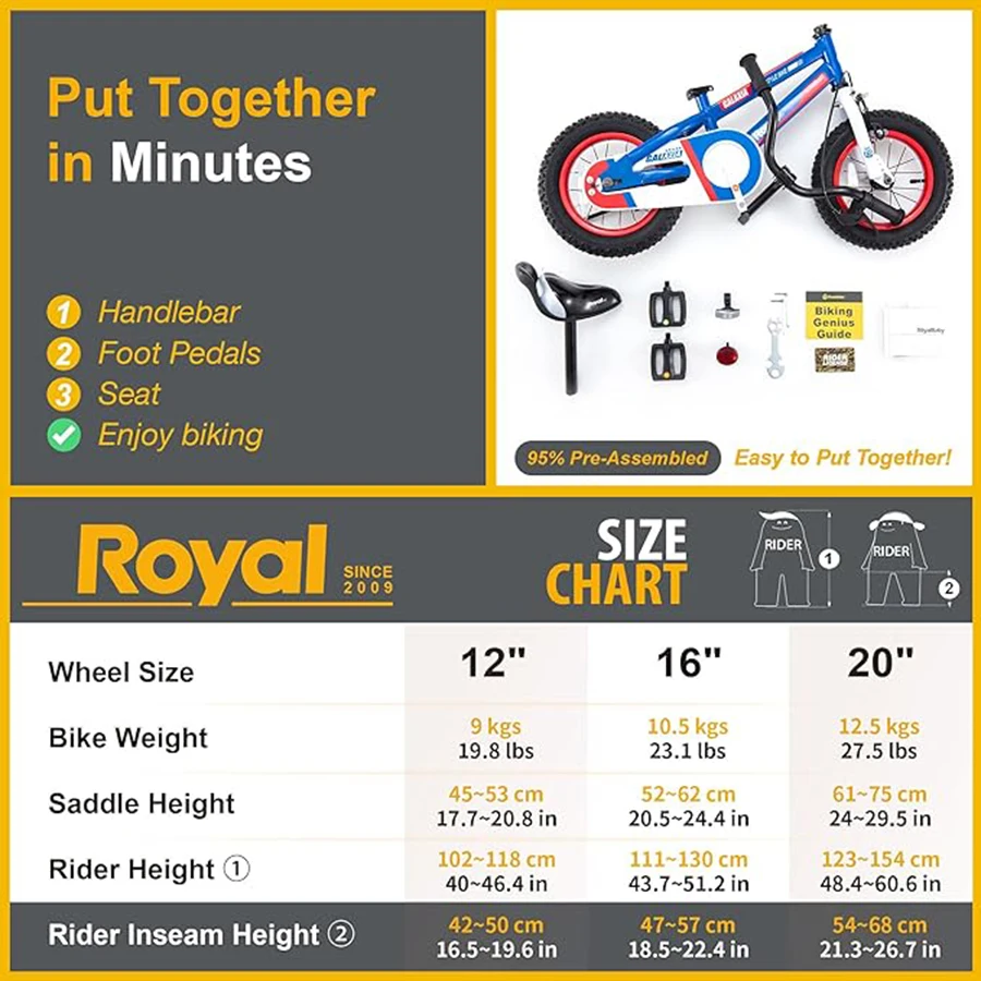 RoyalBaby Galaxia Vélo pour enfants en bas âge, vélo à roues de 16 pouces pour débutants, garçons et filles âgés de 4 à 7 ans, béquille, bleu