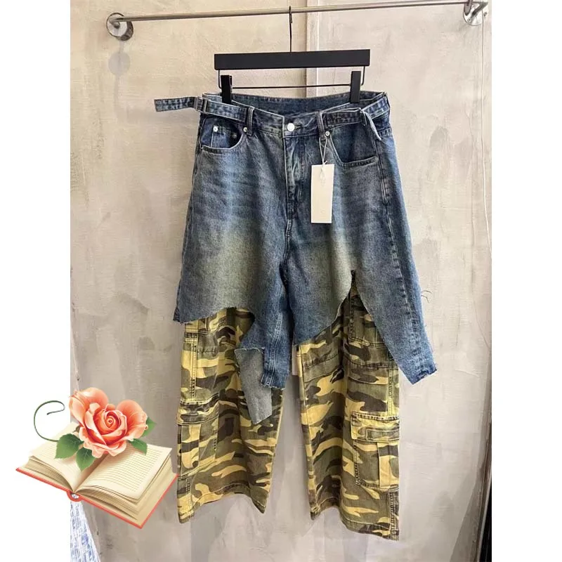 

Fake Two Pieces Project GR Double Layer Jeans Men Women High Street Hip Hop Splicing Camouflage Washed GR Denim Pants Blue
