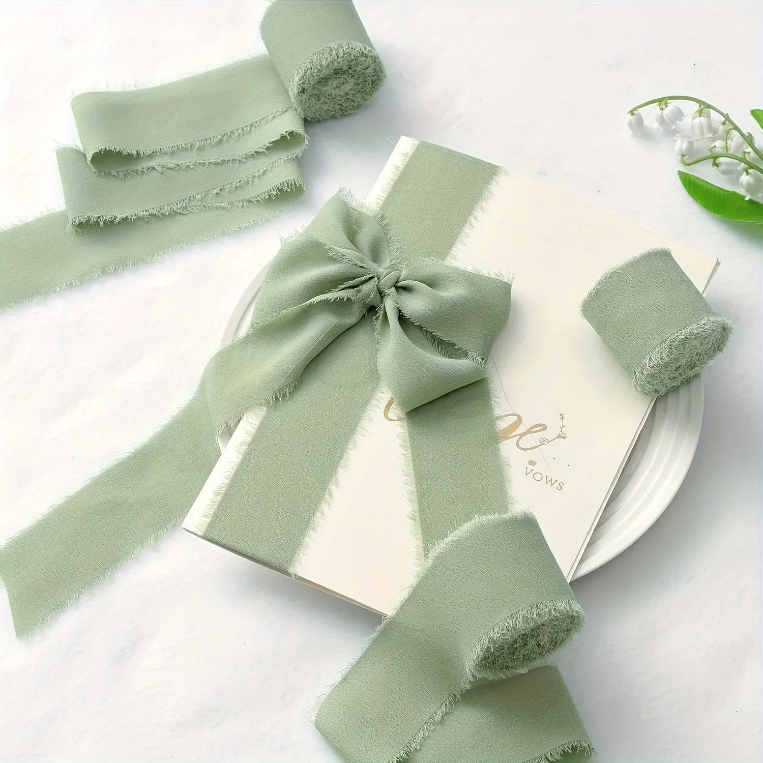 Mint Green Fringe Chiffon Ribbon - 5 Yards Frayed Polyester Ribbon for Bouquets, Crafts, Wedding Invitations and Decorations