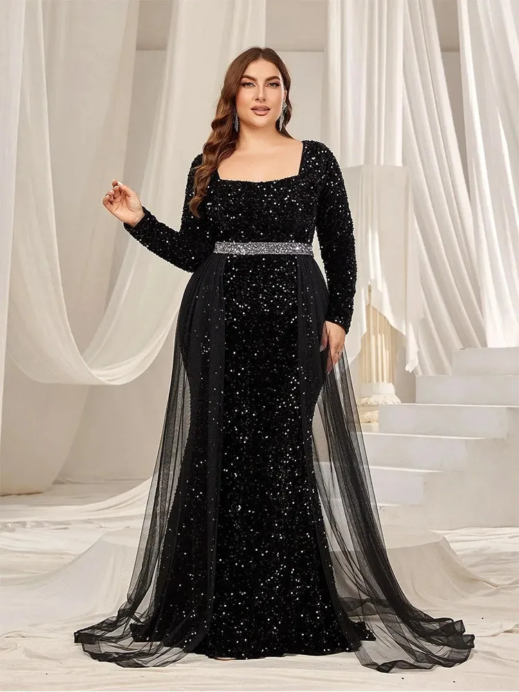 Plus Size Square Neck Black Mesh Long Sleeve Floor Floor Evening Gown 4XL 5XL Big Size Black Stretch Velvet Shiny Evening Gown