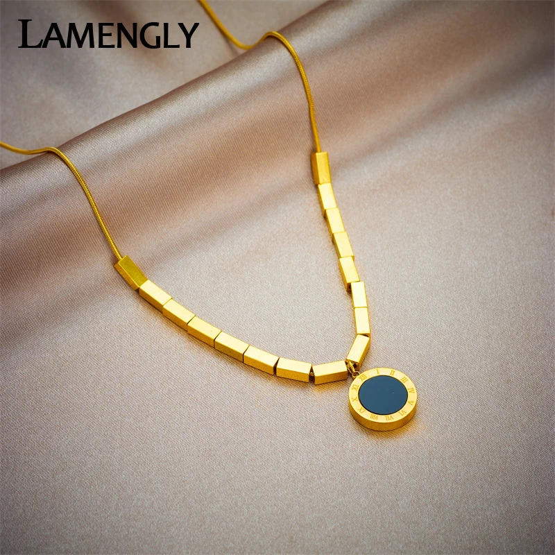 LAMENGLY 316L Stainless Steel Round Double-Sided Roman Numeral Dial Pendant Necklace For Women Girls Hip Hop Chain Jewelry Gifts