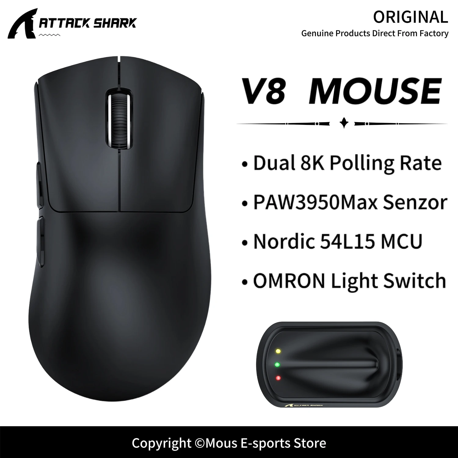 V8 ATTACK SHARK 8KHz Esports Mouse Nordic 54L15 MCU 750IPS 500mAh Ice-Cool Coating PTFE Feet Web Driver Wireless Mouse