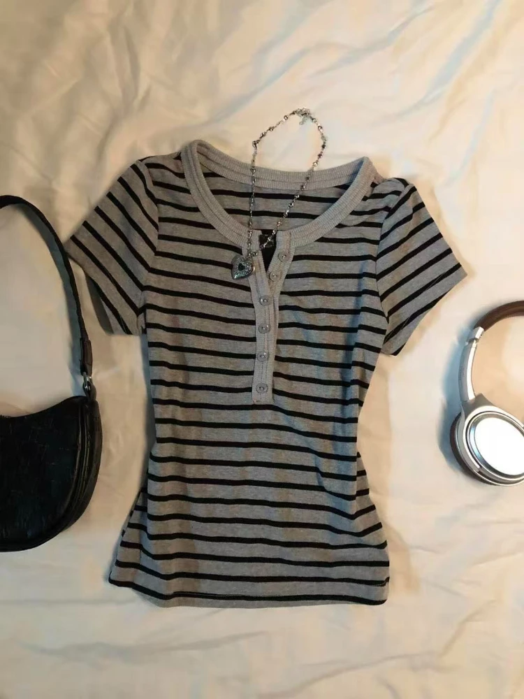 2000s Harajuku Vintage Slim Short Sleeve T Shirts Y2k Summer American Striped Sweet Tees Women Japan Style Subculture Casual Top