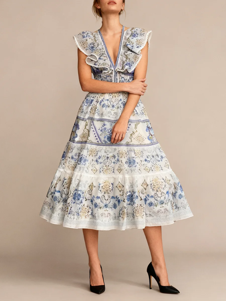 VGH Franse retro print midi-jurken voor dames diepe v-hals vliegende mouw hoge taille patchwork plooien rand galajurk vrouwelijk nieuw