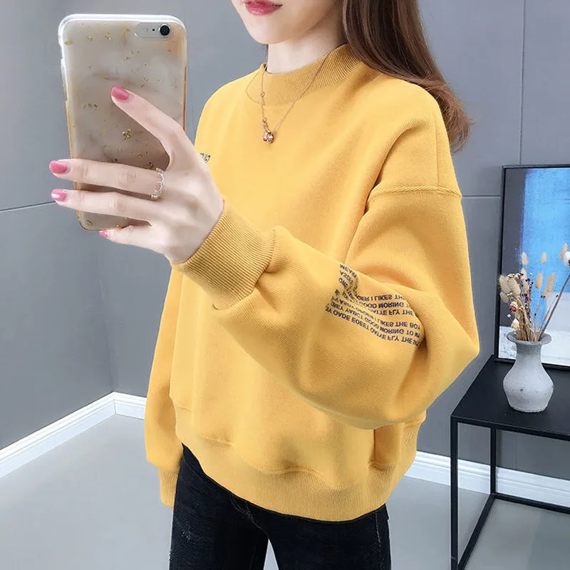 Solid Color Printing Letter Short Sweatshirts Women High-quality Long Sleeve Plush and Thicken Autumn Winter All-match Top 2022