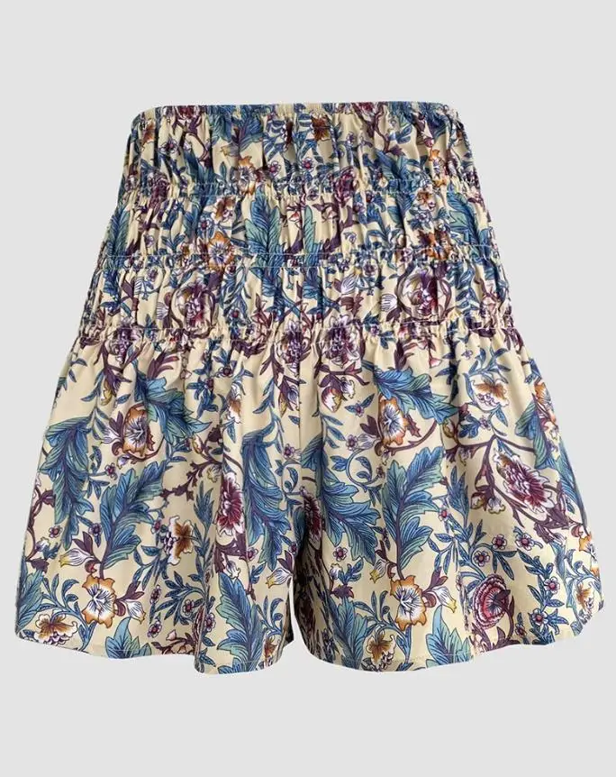 Printed high waisted elastic shirt shorts for women's fashionable and casual floral vacation shorts, new for summer 2025