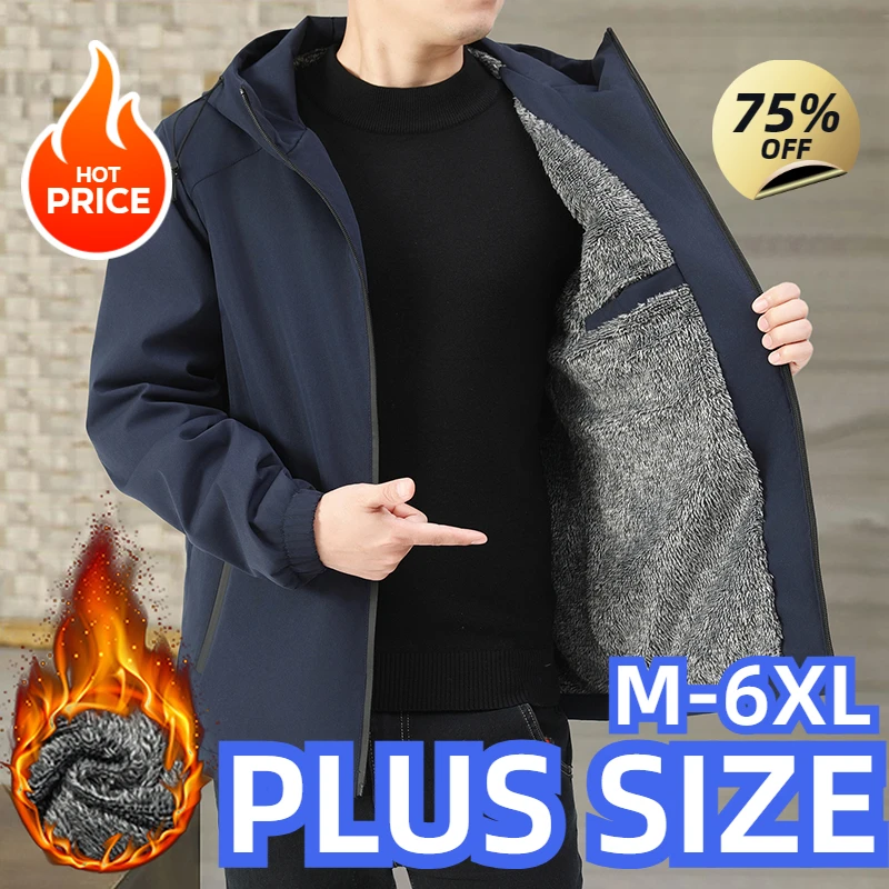 Plus Size Men Autumn Winter Coats Casual Outdoor Hiking Hooded Outwearing Jacket Loose Fleece Thick Warm Hooded Parkas Black 6XL