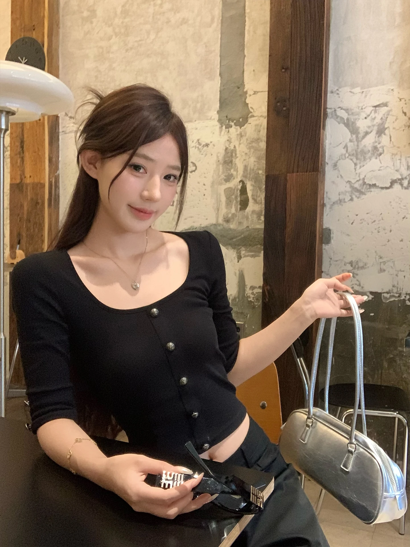 Slim Fit Short Sleeve T-Shirt Black Square Collar Five Sleeve Autumn Style Women's Fashionable Casual Basic  Color Top