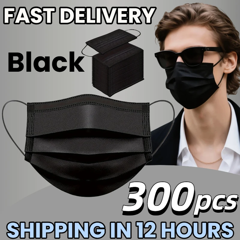 Fast Delivery! 300Pcs Thick Black Disposable Protective Masks - 3-Layer Breathable and Comfortable, with Adjustable Ear Loops and Secure Nose Pads - 200/100/50/10 Pieces, Affordable for Home Use, Can Be Purchased in Bulk, Perfect for Outdoor Activities, Home, Commuting, Office, School, Unisex