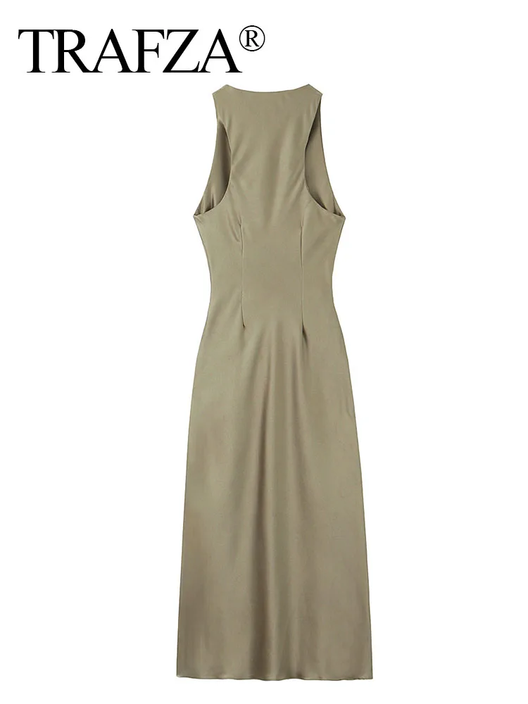 TRAFZA abito estivo per donna 2024 raso di seta strutturato o-collo senza maniche vita pieghettato abiti lunghi Slim abito elegante Vestidos
