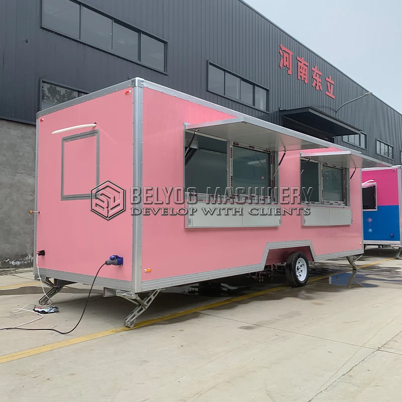 United State Food Truck with Full Kitchen Pink Concession Pizza Food Trailer with Porch Fully Equipped Custom Food Trailer