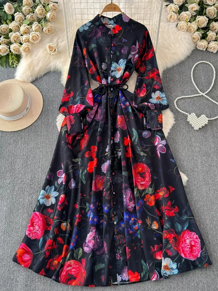 

Fashion Elegant Long Party Dress Women Printed Floral Shirt Court Dresses Female Slim Vintage Black Robe Casual Holiday Vestido