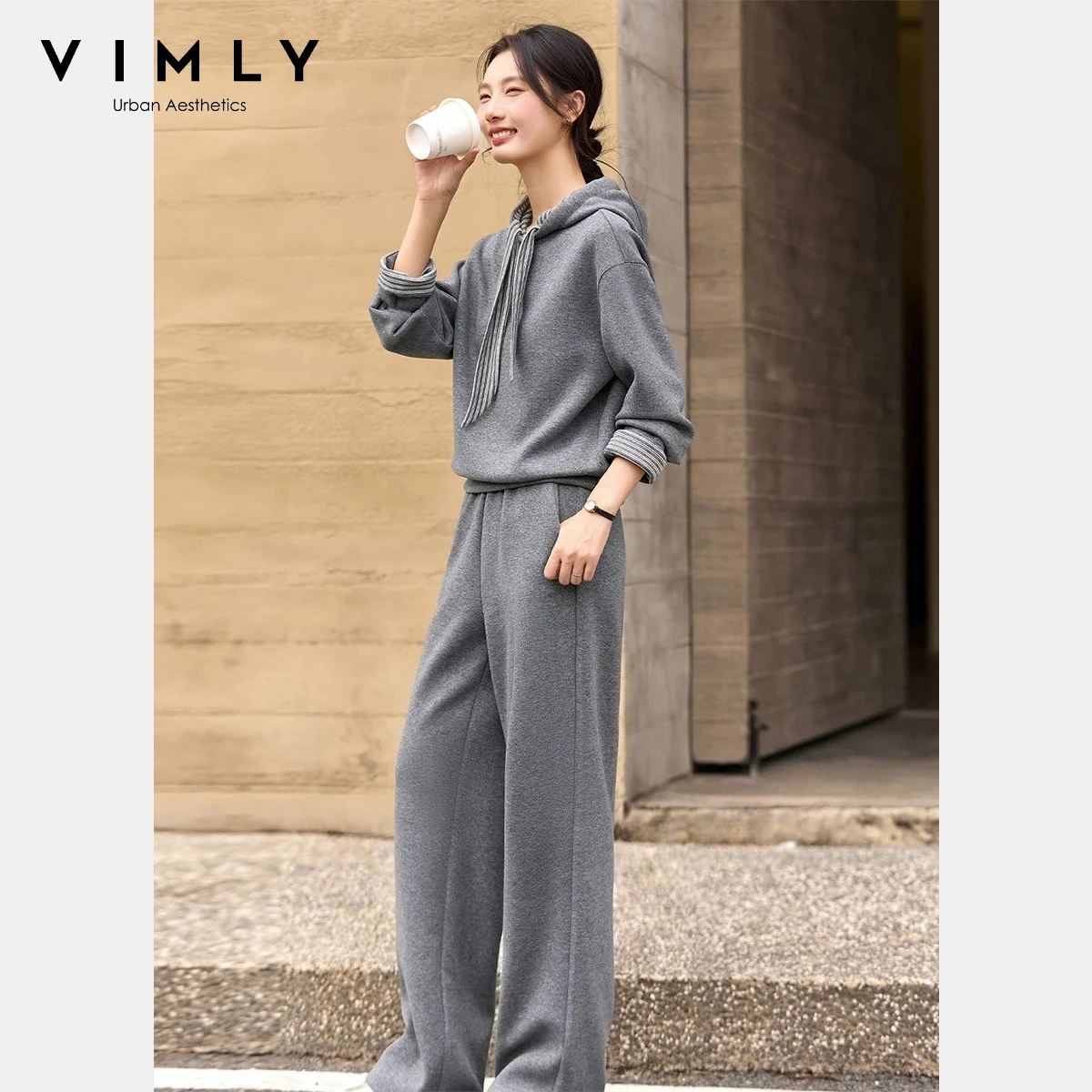 

VIMLY женские комплекты из двух предметов, комплект из 2 предметов, зима 2025, полосатая толстовка на шнурке, повседневные широкие брюки, женский спортивный костюм A3589