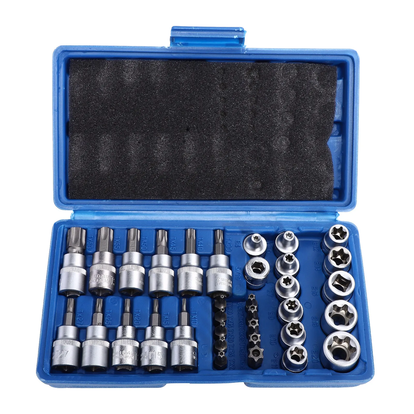 

34Pcs Bit Socket Set Hand Tool Kit E- Star Sockets High Strength Steel for Car Bike Lawn Equipment Metal External Drive