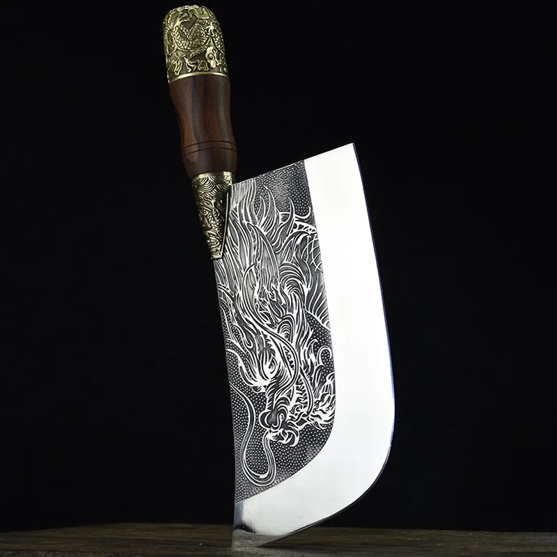 Longquan Kitchen Knives 7Cr17MoV Steel 8 Inch Sharp Slicing Cleaver Handmade Knife Copper Dragon Decor Handle Meat Poultry Tools