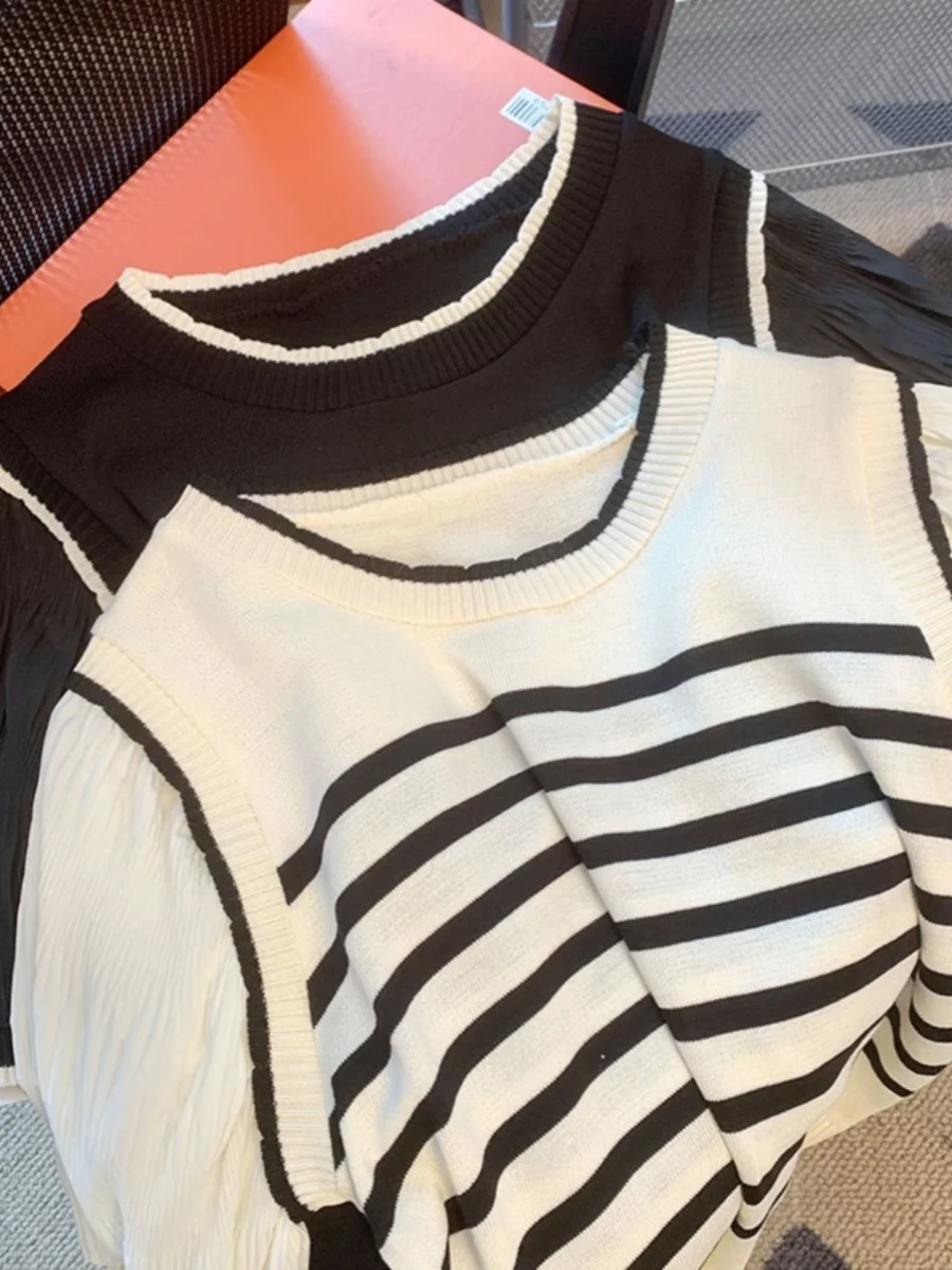 2025 Women Fashion Striped Basic Cropped Knit Sweater Vintage O Neck Short Sleeve Female Pullovers Chic Tops