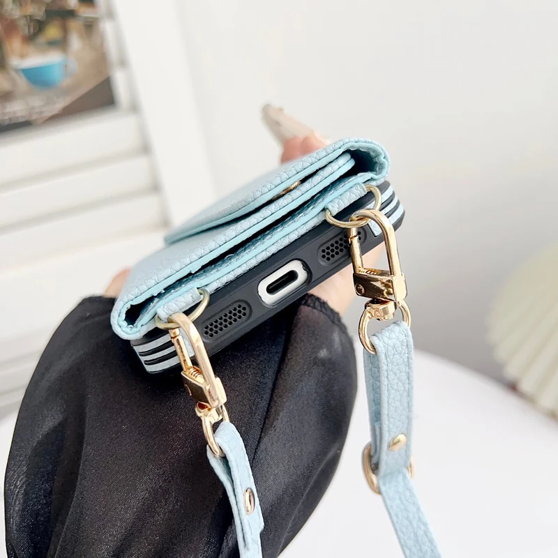 Crossbody-Geldbörsen-Handyhülle mit Make-up-Spiegel für iPhone 17 18 Pro Max 16 Pro 15 14 13 12, trendige Lederhülle mit Kartenfach und Lanyard – Detail 5