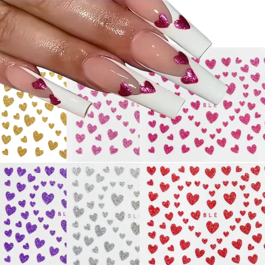 10Pcs 3D Nail Stickers with Glitter Powder Sweet Heart Nail Decals Gold Silver Black Sexy Red Nail Art Decorations