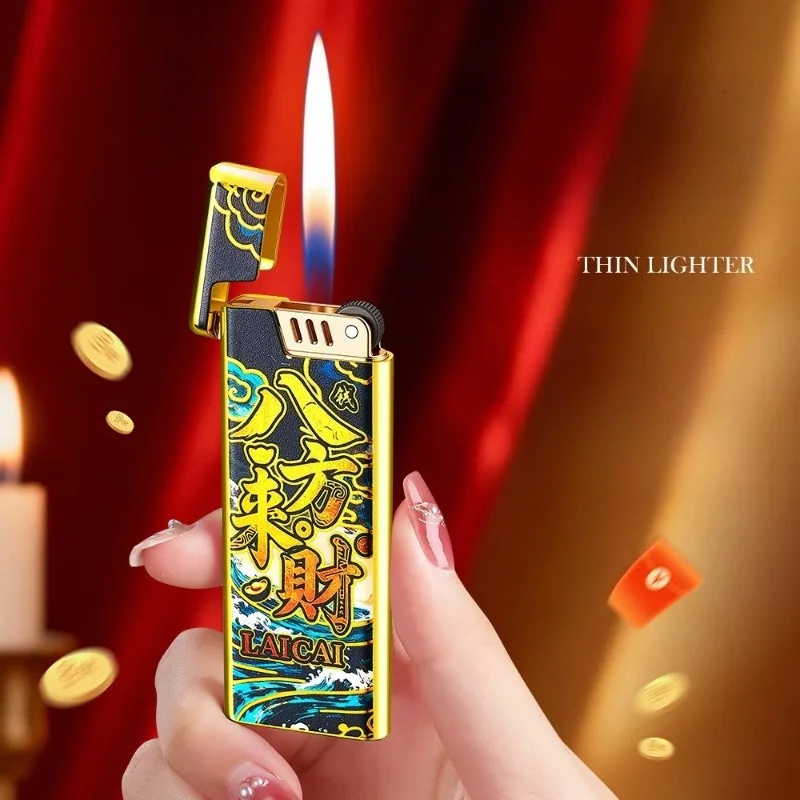 2026 Double Sided Gilded Enamel Painted Ultra Thin Grinding Wheel Open Flame Metal Compact and Exquisite Butane Gas Lighter