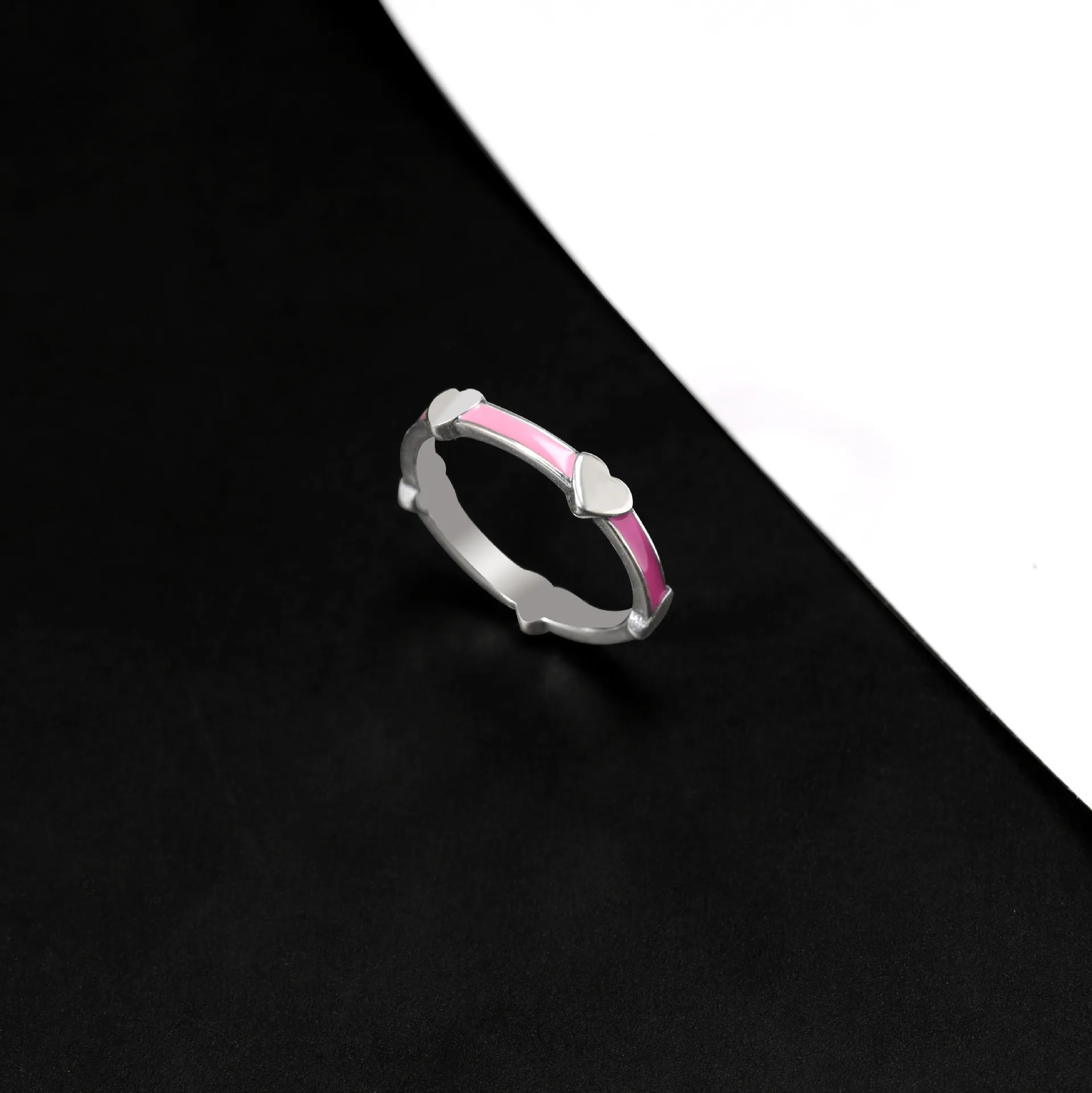 S925 Silver Pink Enamel Multi‑Heart Band Ring Full‑Round Heart Motif Finger Ring Cute Stackable Jewelry Gift for Women