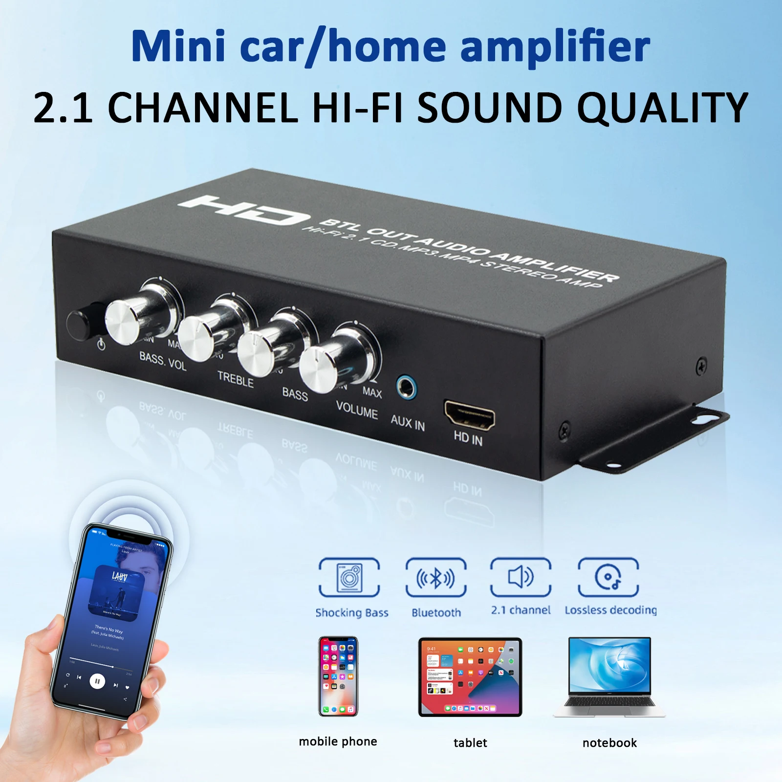 Power Amplifier 2.1CH Bluetooth 5.0 HIFI Sound Amp with HDMI RCA AUX Input Lossless Music Digital Bass Amplifier for Home Car