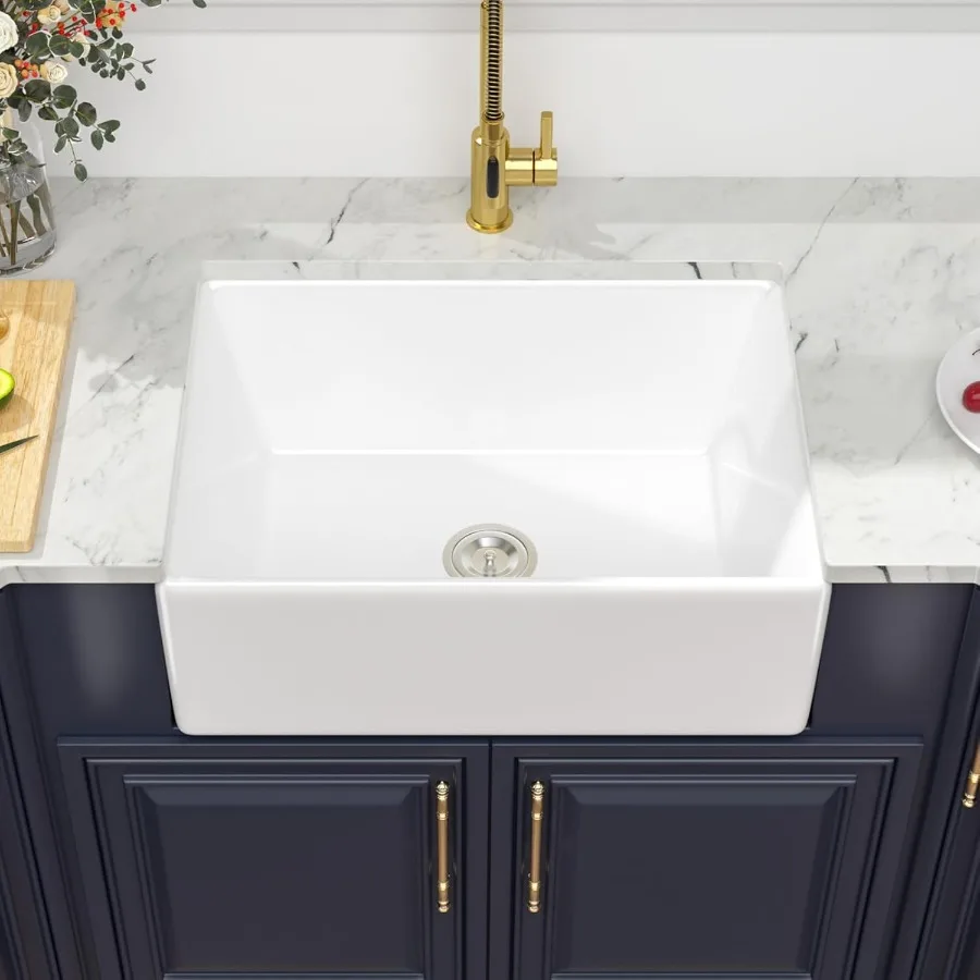 

28 Inch White Farmhouse Kitchen Sink with Apron Front Design for Modern Rustic Kitchens - Durable Fireclay Ceramic Porcelain Si