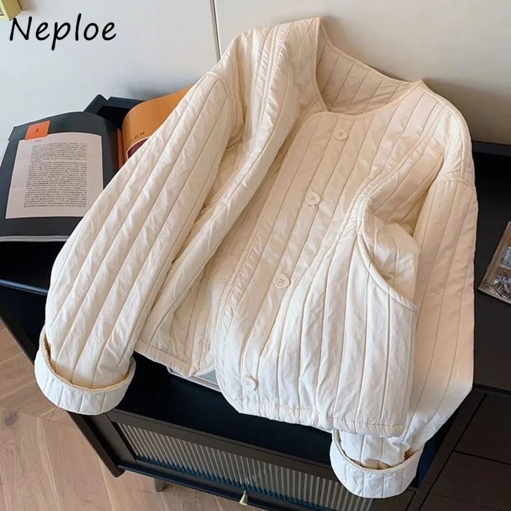 

Neploe Korea Chic Y2K Lazy Stripe Parkas O Neck Long Sleeve Warm Office Lady Simple Coats Women Loose All-match Slim Soft Jacket