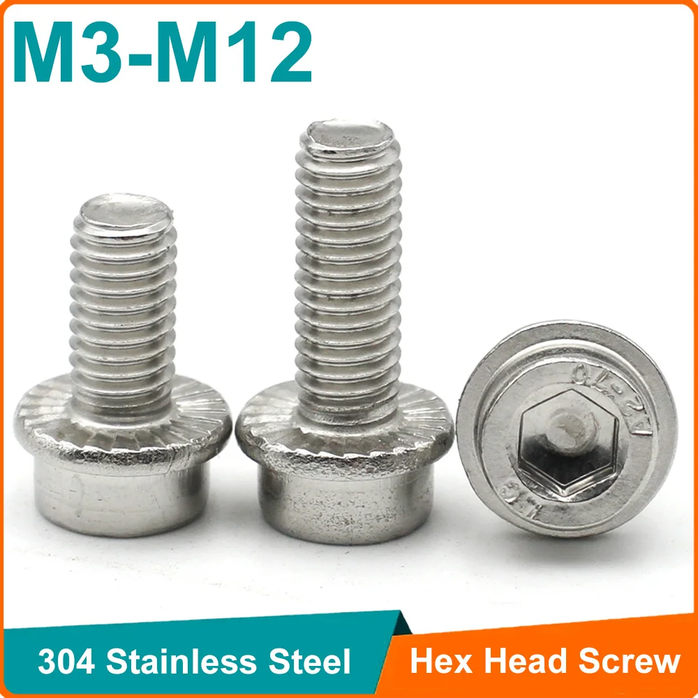 

304 A2-70 Stainless Steel M3 M4 M5 M6 M8 M10 M12 Flange Hex Socket Cap Anti-Slip Washer Serrated Cylindrical Head Screws Bolt