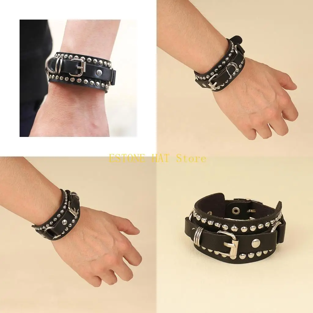 49MF Punk Black Cuffs Wrap Leather Studded Bracelet Wristband Metal Rivets Studded Bangle for Women Men Rock Gothic Jewelry