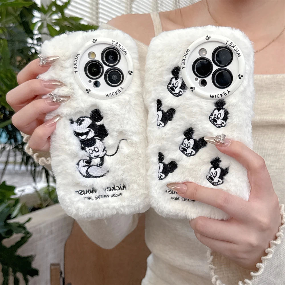 Cute Winter Warm Plush Phone Case For iPhone 16 15 14 Pro Max 13 12 Pro Max 16 Plus Cartoon Disney Mickey Lens Protection Cover