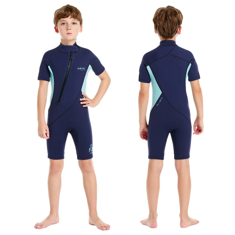 Girls Boys 1.5MM 2MM Diving Surfing Suit One-piece Swimsuit Warm Short Sleeved Thermal Insulation Front Zipper Shorty Wetsuit