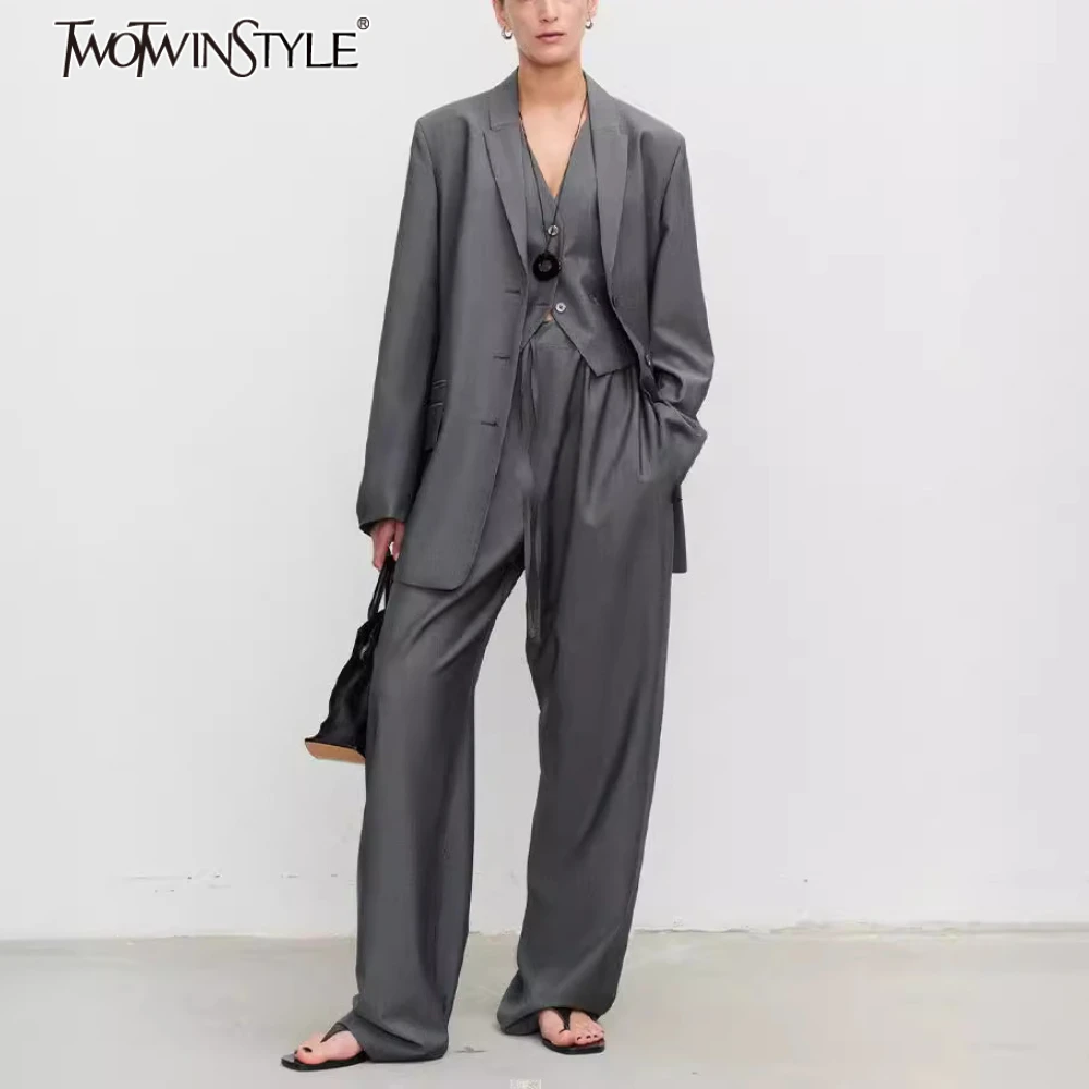 

TWOTWINSTYLE Solid 3 Piece Sets for Women Lapel Long Sleeve Blazers Minimalism Vest Wide Leg Pants Fashion Set Female Clothing
